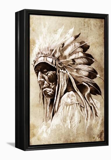 Sketch Of Tattoo Art, Indian Head, Chief, Vintage Style-outsiderzone-Framed Stretched Canvas