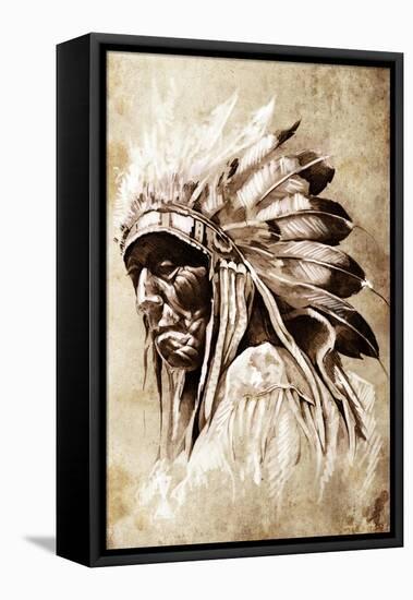 Sketch Of Tattoo Art, Indian Head, Chief, Vintage Style-outsiderzone-Framed Stretched Canvas