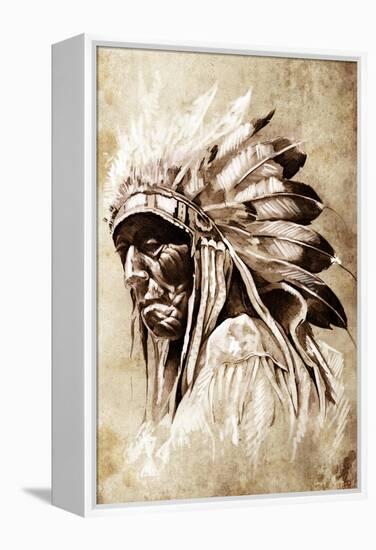 Sketch Of Tattoo Art, Indian Head, Chief, Vintage Style-outsiderzone-Framed Stretched Canvas