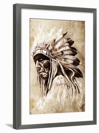 Sketch Of Tattoo Art, Indian Head, Chief, Vintage Style-outsiderzone-Framed Art Print