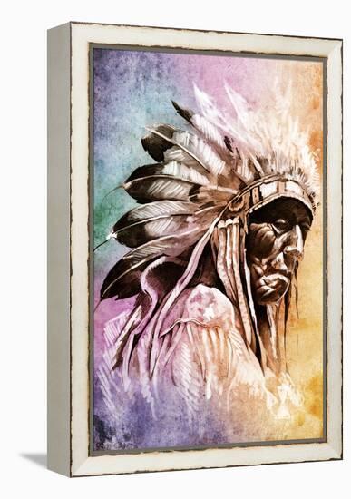 Sketch Of Tattoo Art, Indian Head Over Colorful Background-outsiderzone-Framed Stretched Canvas