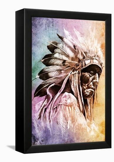 Sketch Of Tattoo Art, Indian Head Over Colorful Background-outsiderzone-Framed Stretched Canvas