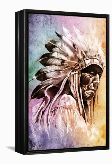 Sketch Of Tattoo Art, Indian Head Over Colorful Background-outsiderzone-Framed Stretched Canvas