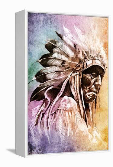 Sketch Of Tattoo Art, Indian Head Over Colorful Background-outsiderzone-Framed Stretched Canvas