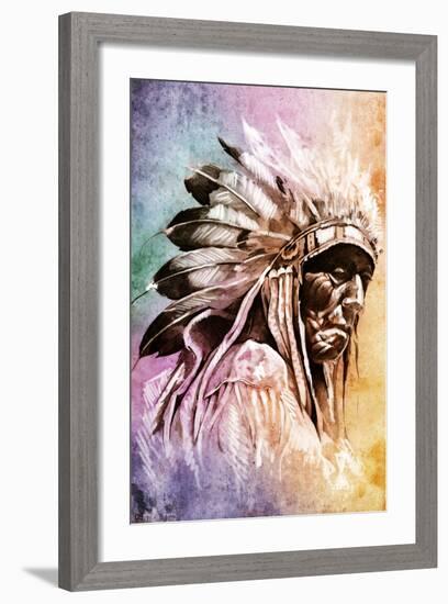 Sketch Of Tattoo Art, Indian Head Over Colorful Background-outsiderzone-Framed Premium Giclee Print