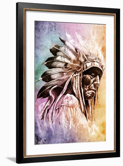 Sketch Of Tattoo Art, Indian Head Over Colorful Background-outsiderzone-Framed Premium Giclee Print