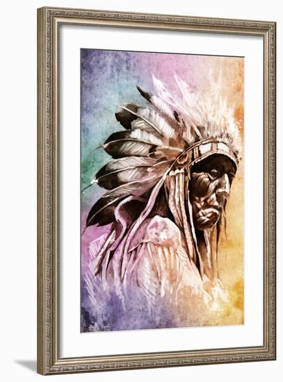 Sketch Of Tattoo Art, Indian Head Over Colorful Background-outsiderzone-Framed Art Print