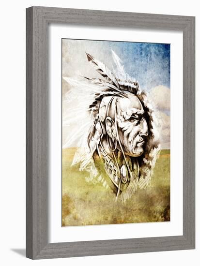 Sketch Of Tattoo Art, Indian Head Over Crop-Field Background-outsiderzone-Framed Art Print