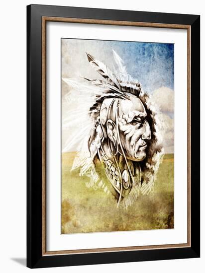 Sketch Of Tattoo Art, Indian Head Over Crop-Field Background-outsiderzone-Framed Art Print