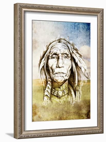 Sketch Of Tattoo Art, Indian Head Over Field Background-outsiderzone-Framed Art Print