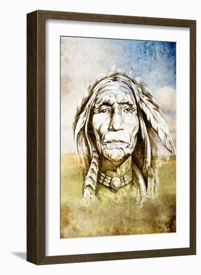 Sketch Of Tattoo Art, Indian Head Over Field Background-outsiderzone-Framed Art Print