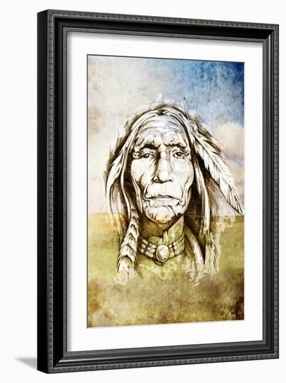 Sketch Of Tattoo Art, Indian Head Over Field Background-outsiderzone-Framed Art Print