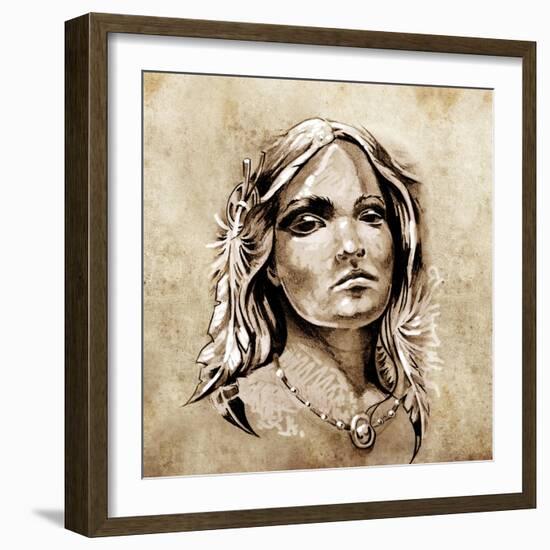 Sketch Of Tattoo Art, Lovely And Passionate Look From A Tent Of American Indian Girl-outsiderzone-Framed Art Print