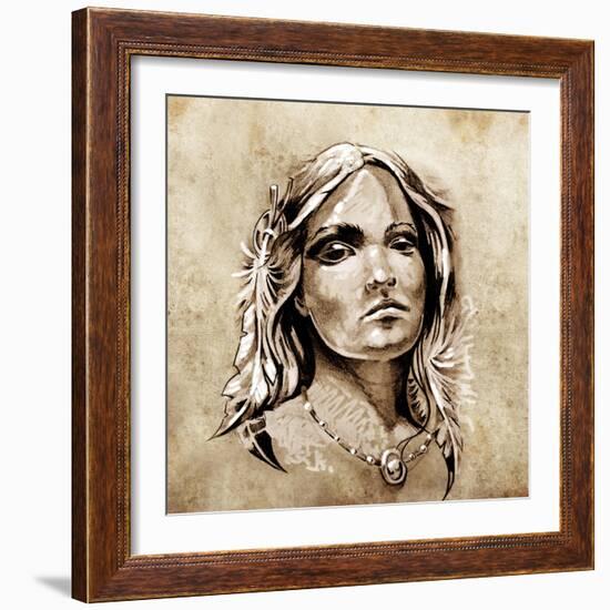 Sketch Of Tattoo Art, Lovely And Passionate Look From A Tent Of American Indian Girl-outsiderzone-Framed Art Print