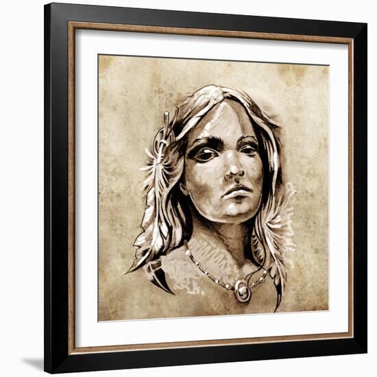 Sketch Of Tattoo Art, Lovely And Passionate Look From A Tent Of American Indian Girl-outsiderzone-Framed Art Print