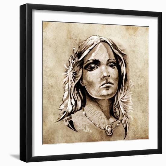 Sketch Of Tattoo Art, Lovely And Passionate Look From A Tent Of American Indian Girl-outsiderzone-Framed Art Print