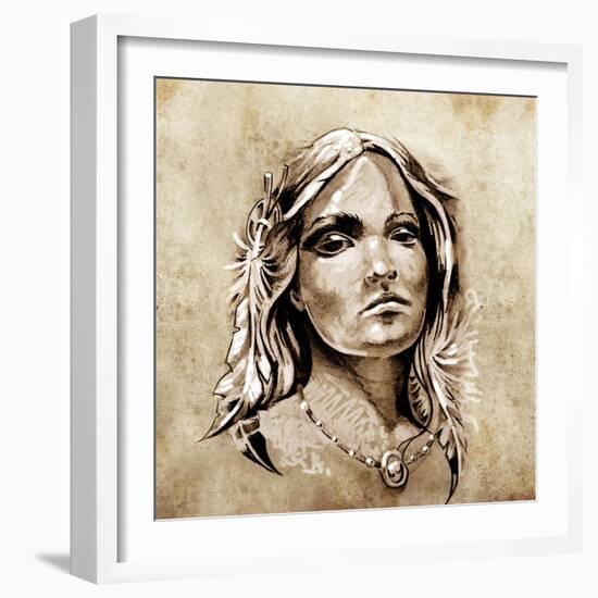 Sketch Of Tattoo Art, Lovely And Passionate Look From A Tent Of American Indian Girl-outsiderzone-Framed Art Print