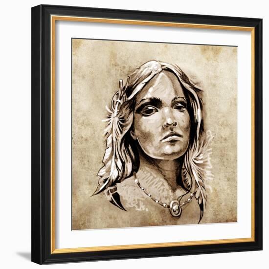 Sketch Of Tattoo Art, Lovely And Passionate Look From A Tent Of American Indian Girl-outsiderzone-Framed Art Print