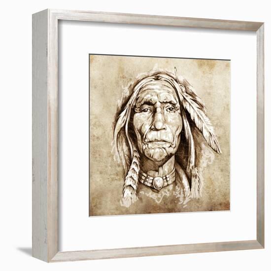 Sketch Of Tattoo Art, Monster Mask With White Fire-outsiderzone-Framed Art Print