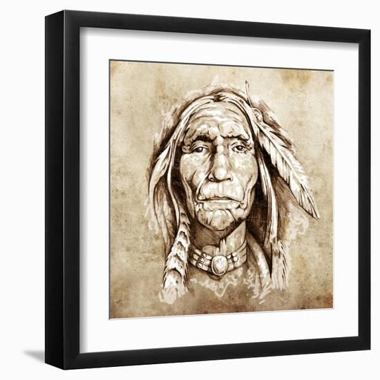 Sketch Of Tattoo Art, Monster Mask With White Fire-outsiderzone-Framed Art Print