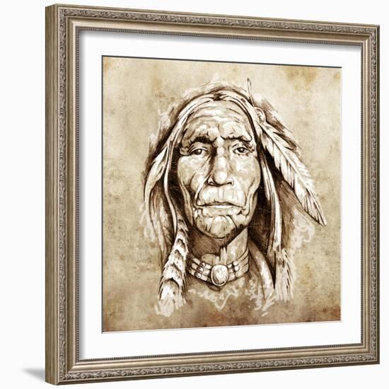 Sketch Of Tattoo Art, Monster Mask With White Fire-outsiderzone-Framed Art Print