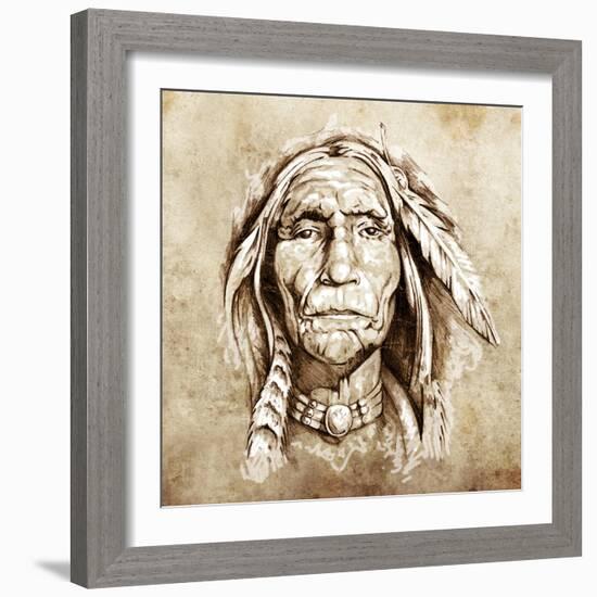 Sketch Of Tattoo Art, Monster Mask With White Fire-outsiderzone-Framed Art Print