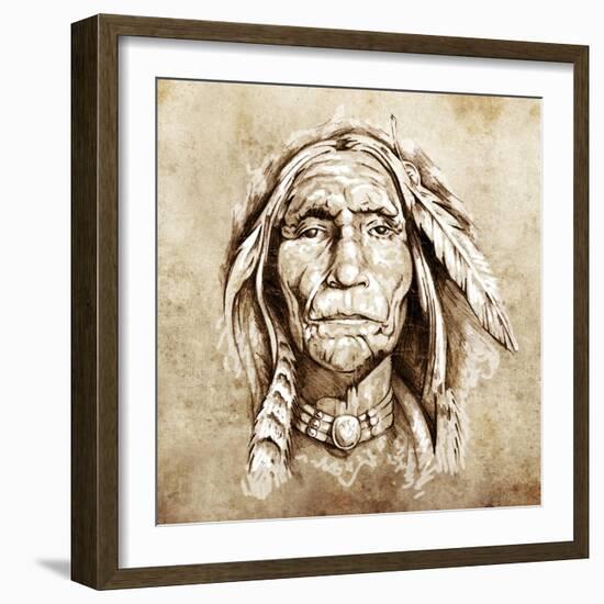 Sketch Of Tattoo Art, Monster Mask With White Fire-outsiderzone-Framed Art Print