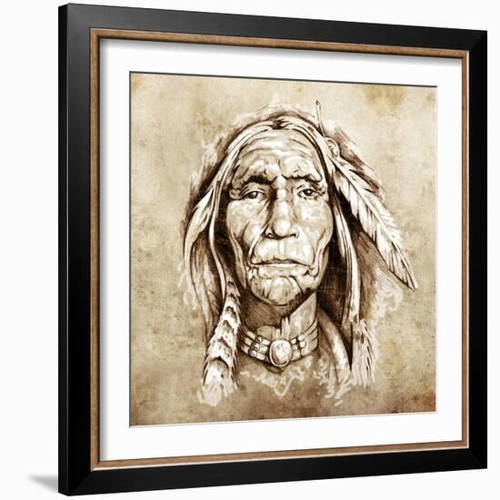 Sketch Of Tattoo Art, Monster Mask With White Fire-outsiderzone-Framed Art Print