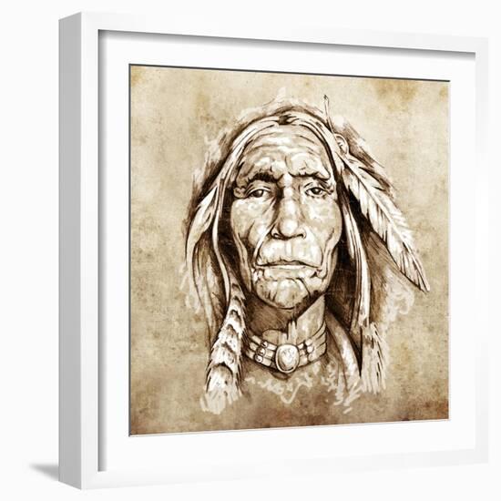 Sketch Of Tattoo Art, Monster Mask With White Fire-outsiderzone-Framed Art Print