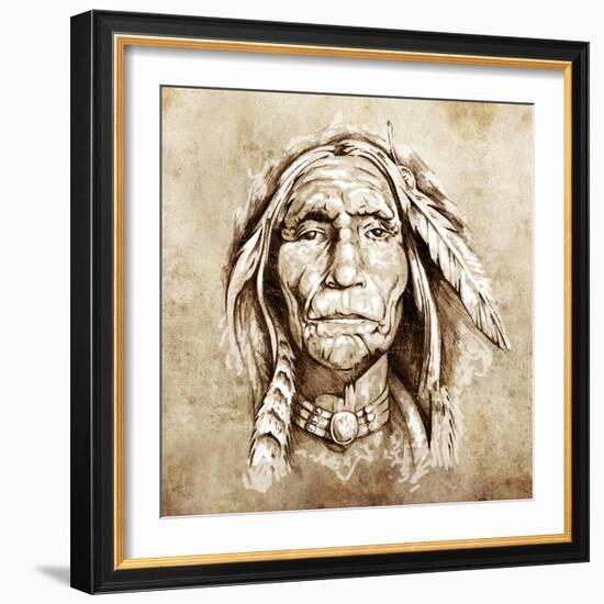 Sketch Of Tattoo Art, Monster Mask With White Fire-outsiderzone-Framed Art Print