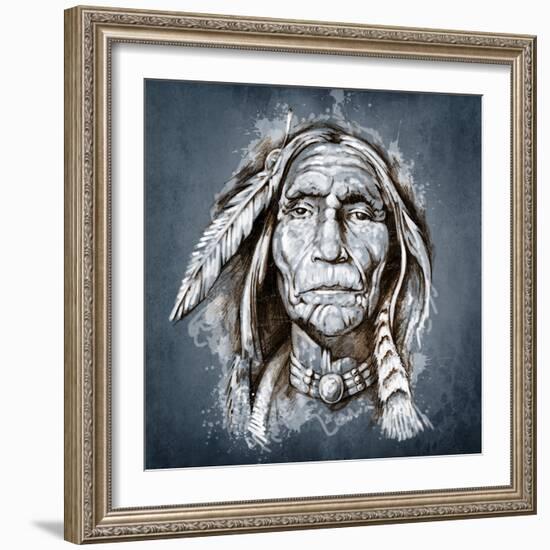 Sketch Of Tattoo Art, Portrait Of American Indian Head-outsiderzone-Framed Art Print