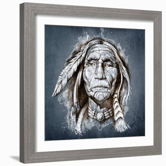 Sketch Of Tattoo Art, Portrait Of American Indian Head-outsiderzone-Framed Art Print