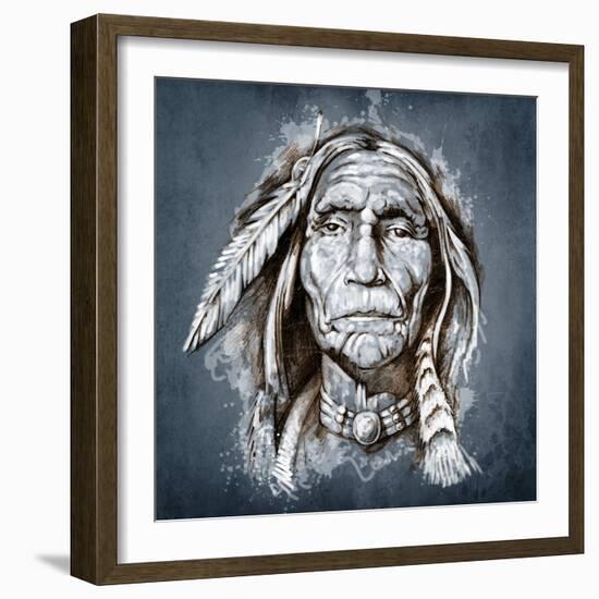 Sketch Of Tattoo Art, Portrait Of American Indian Head-outsiderzone-Framed Art Print