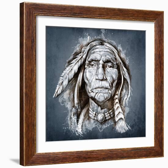 Sketch Of Tattoo Art, Portrait Of American Indian Head-outsiderzone-Framed Art Print