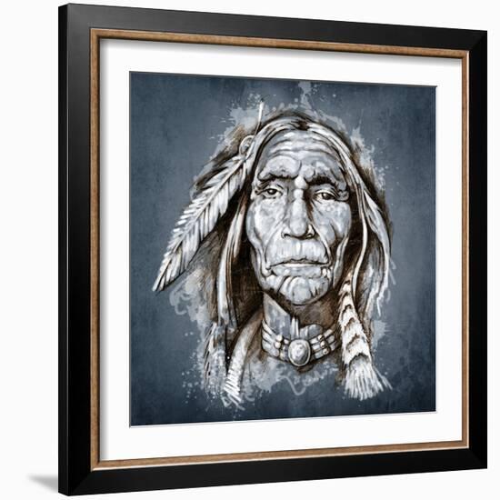 Sketch Of Tattoo Art, Portrait Of American Indian Head-outsiderzone-Framed Art Print