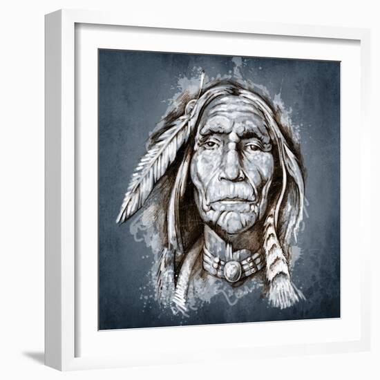 Sketch Of Tattoo Art, Portrait Of American Indian Head-outsiderzone-Framed Art Print