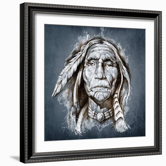 Sketch Of Tattoo Art, Portrait Of American Indian Head-outsiderzone-Framed Art Print