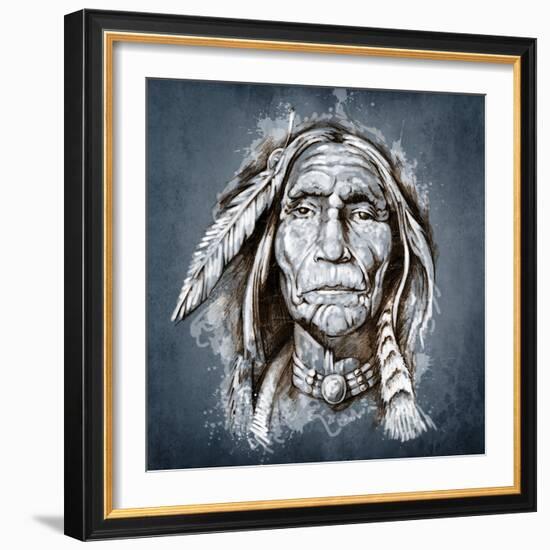 Sketch Of Tattoo Art, Portrait Of American Indian Head-outsiderzone-Framed Art Print