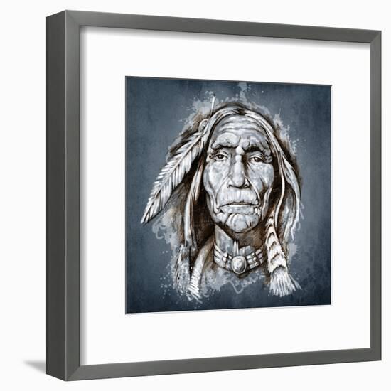 Sketch Of Tattoo Art, Portrait Of American Indian Head-outsiderzone-Framed Art Print