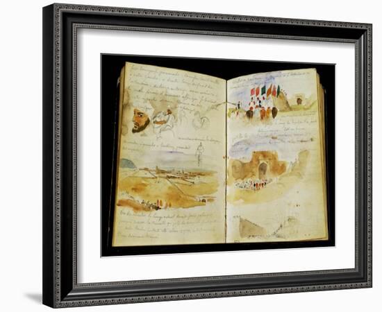 Sketches of Arabs, Landscapes of Morocco, Arab Crowds, Gate of Meknes and Hand-Written Notes-Eugene Delacroix-Framed Giclee Print