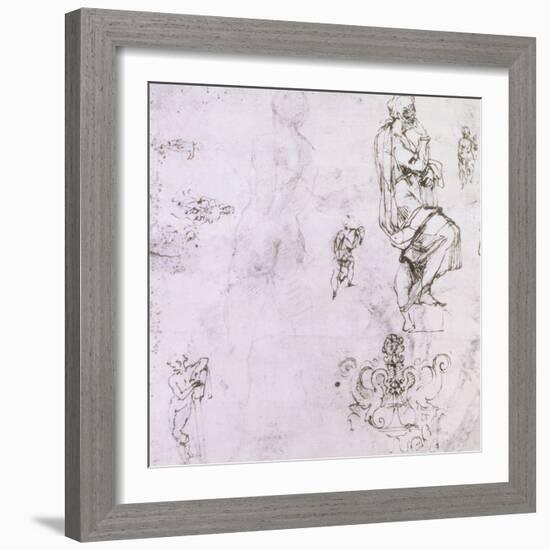 Sketches of Male Nudes, a Madonna and Child and a Decorative Emblem-Michelangelo Buonarroti-Framed Giclee Print