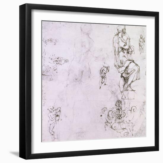 Sketches of Male Nudes, a Madonna and Child and a Decorative Emblem-Michelangelo Buonarroti-Framed Giclee Print