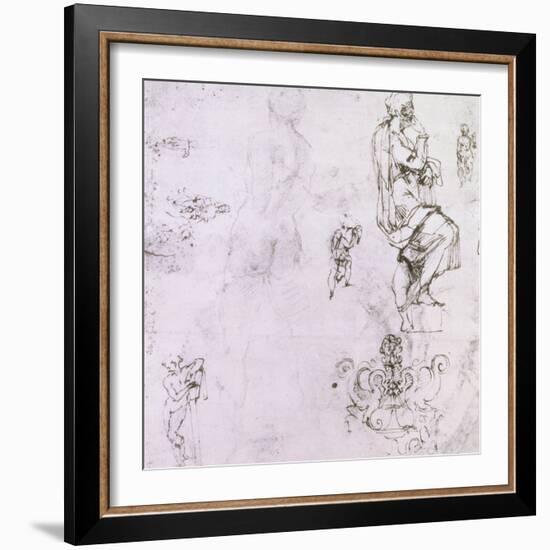 Sketches of Male Nudes, a Madonna and Child and a Decorative Emblem-Michelangelo Buonarroti-Framed Giclee Print