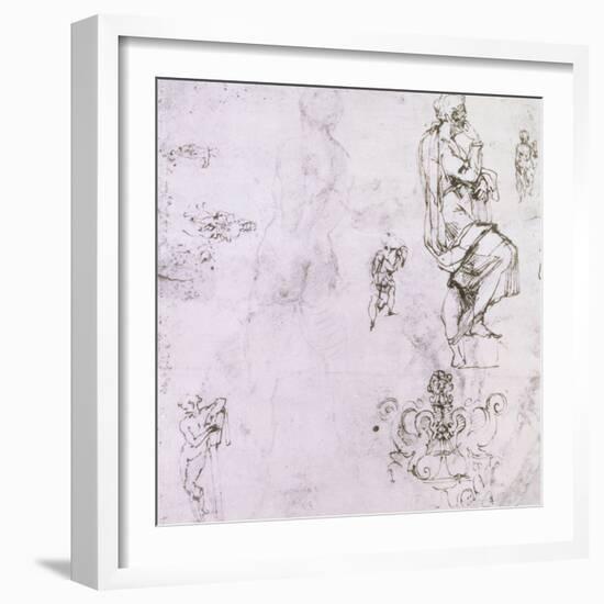 Sketches of Male Nudes, a Madonna and Child and a Decorative Emblem-Michelangelo Buonarroti-Framed Giclee Print