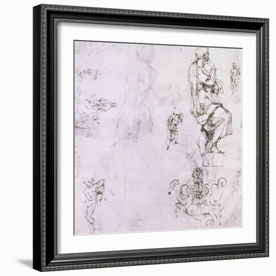 Sketches of Male Nudes, a Madonna and Child and a Decorative Emblem-Michelangelo Buonarroti-Framed Giclee Print