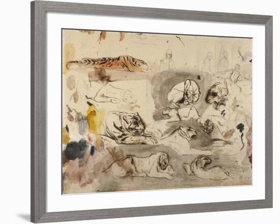 Sketches of Tigers and Men in 16th Century Costume, 1828-29-Eugene Delacroix-Framed Giclee Print