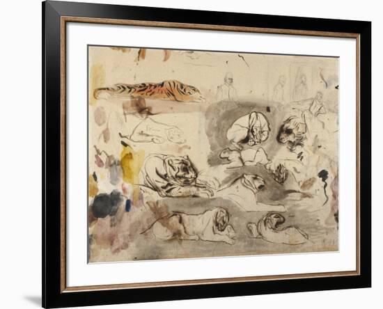 Sketches of Tigers and Men in 16th Century Costume, 1828-29-Eugene Delacroix-Framed Giclee Print