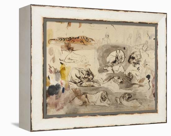 Sketches of Tigers and Men in 16th Century Costume, 1828-29-Eugene Delacroix-Framed Premier Image Canvas