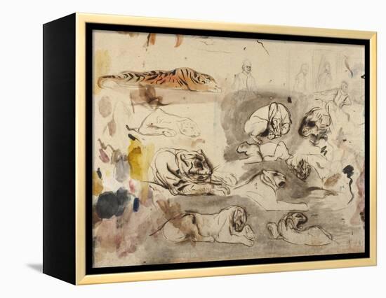 Sketches of Tigers and Men in 16th Century Costume, 1828-29-Eugene Delacroix-Framed Premier Image Canvas