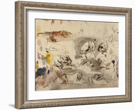 Sketches of Tigers and Men in 16th Century Costume, 1828-29-Eugene Delacroix-Framed Premium Giclee Print